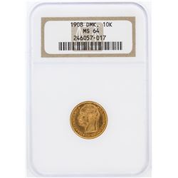 1908 NGC MS64 Denmark 10K Gold Coin