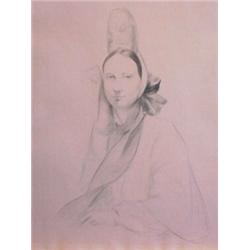 American School (20th Century), SEATED WOMAN WITH UNUSUAL HEADDRESS, green pencil drawing on st...