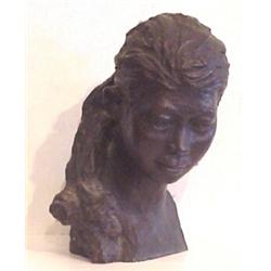 American School (20th Century), BUST OF GIRL, cast bronze sculpture, 15 x 11 x 9", signed "Mis*...