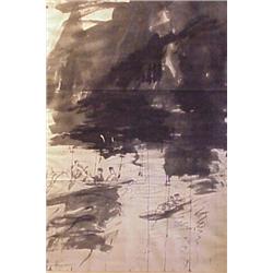 Asian School (20th Century), MEN IN BOATS, ink wash on paper, 69 x 47", linen backed, signed an...