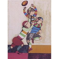 Graciela Rodo Boulanger (b. 1935) Bolivia, FOOTBALL PLAYERS, color lithograph, sheet 19 x 14",...