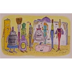 Roz Chast (20th Century) American, STATIONARY FRIENDS, watercolor and ink drawing on paper, ima...