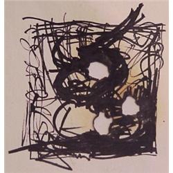 Contemporary School (20th Century), UNTITLED, ink drawing on paper with cigarette burn-hole des...