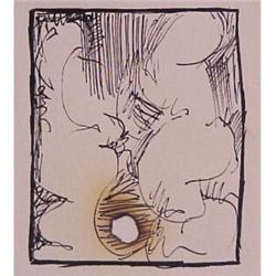 Contemporary School (20th Century), UNTITLED, ink drawing on paper with cigarette burn-hole des...