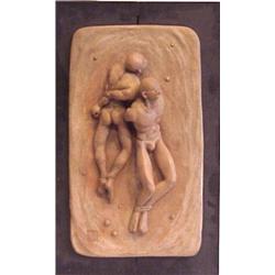 Contemporary School (20th Century), BOUND ASIAN FIGURES, ceramic sculpture mounted to a wood ba...
