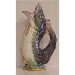 Decorative Arts: Victorian Majolica Ceramic, TROUT PITCHER, Ceramic leaping fish pitcher, glaze...