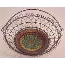 Decorative Arts: Victorian Majolica Ceramic, VILLEROY & BOCH WIRE BOWL, the ceramic plate, glaz...