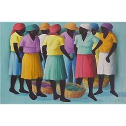 Haitian School (20th Century), WOMEN AT MARKET, oil painting on canvas, 19 1/2 x 26 1/2", signe...