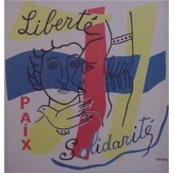 after Fernand Leger (1881-1955) French, PAIX, LIBERTE, SOLIDARITE, color scarf with artist's na...
