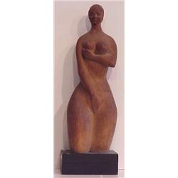 Modern School (20th Century), STANDING FEMALE FIGURE, 1943, carved wood sculpture with black ba...