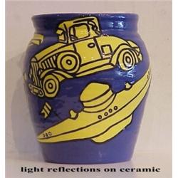 John Waldo (20th Century) American, SPEED KING, ceramic vase, painted & glazed in colors, 10 x...