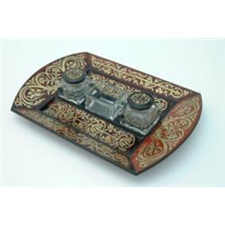 A boulle-work standish, of rectangular shape, with allover floral design, centre fitted with two...