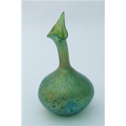 A Loetz Persian iridescent swan-necked glass vase, of bottle shape, the bulbous body with pinched...
