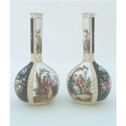 A pair of Augustus Rex bottle vases, the bulbous bodies painted floral panels alternating with fi...