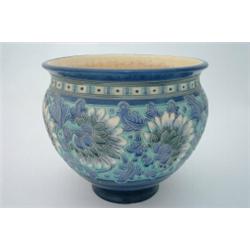 A Burmantofts faience jardiniere of tube-lined floral decoration in blue, green and white, Dia 11...