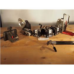 Box Lot of Old Cameras & Tripod