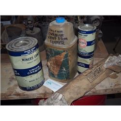 Cans of Miners Carbide (4), Plus NOS Large Torch Wicks