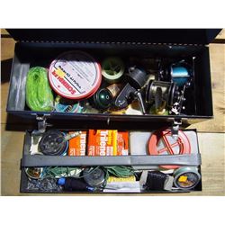 Grey Metal Box Full of Fishing Equipment, Including Reels