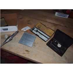 Micrometer, Large Plumb Bob, and Dial Test Indicator