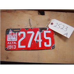 1913 Porcelain Alberta Licence. Plate