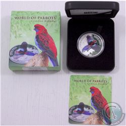 Cook Islands: 2014 World of Parrots - Crimson Rosella $5 Sterling Silver 3D Coin