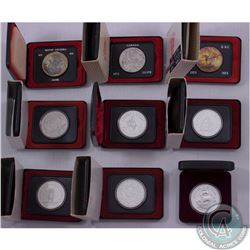 RCM Lot: 1971 to 1979 Canada Cased Silver Commemorative dollars as issued by the Mint (some coins ma