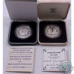 Royal Mint Issue: Lot of 2x 1986 Cook Island $1 Silver Proof coin & 1986 Turks & Caicos Island Silve