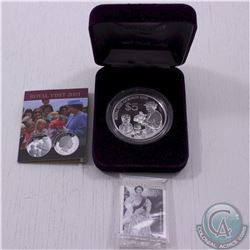 NZ Mint Issue: 2001 New Zealand $5 Proof .999 Fine Silver Royal Visit Coin in Purple Display Box wit