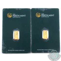 Perth Mint Issue: 2x Australia 1 Gram .999 Fine Gold Ingot in Display card. (2 pcs)