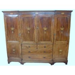 A good Victorian mahogany breakfront wardrobe, by Edwards & Roberts, satinwood-inlaid with urns,...