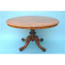 A Victorian burr walnut breakfast table, by Gillow & Co, the quarter-veneered oval moulded top cr...