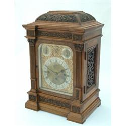 A Victorian oak bracket clock, the eight-day movement with hour repeat, Westminster chime on gong...