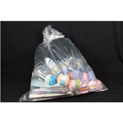 BAG OF ASSORTED HOUSEHOLD ITEMS, SHEETS, YARN, LIGHT BULBS, BLANKET, ETC