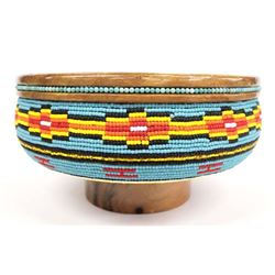 Hand Beaded Wood Pedestal Bowl by Kills Thunder