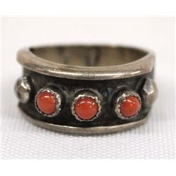 Native American Navajo Silver Coral Ring, Sz 7.5