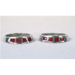 Pair of Zuni Sterling Silver Coral Inlay Rings