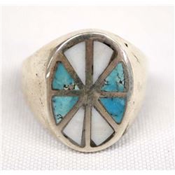 Zuni Sterling Inlay Mother of Pearl Ring, Sz 11.75