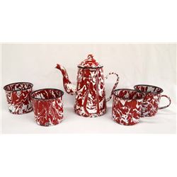 Set of Red and White Splatterware Tea Pot & 4 Cups