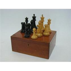 A MAHOGANY CASED STAUNTON CHESS SET, late 19th/early 20th Century, thirty two playing pieces, Jaq...