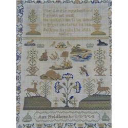 A CHILD'S SAMPLER, c.1840, worked by Anne Holdbeach, subjects include symbolic motifs, birds, bea...