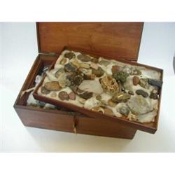A MAHOGANY COLLECTORS' BOX, mid 19th Century, containing three trays of mineral specimens, (some...