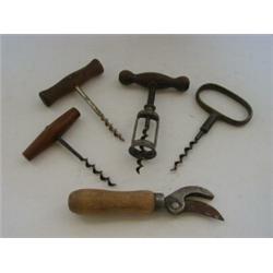 A TWIN PILLAR CORKSCREW, 19th Century, a steel bow corkscrew, two straight pull screws and an ear...