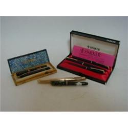 A BOXED CONWAY STEWART MARBLED PEN/PENCIL SET, a boxed Parker three piece pen/pencil set, a Parke...