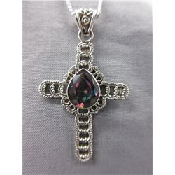 5 CT Mystic Topaz & Sterling Silver Cross Necklace