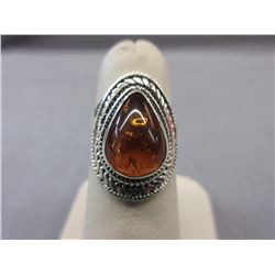 Orange Baltic Amber Solitaire Ring - Bezel Set