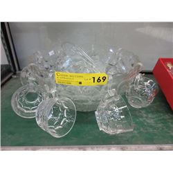 Glass punch bowl with ladle & cups
