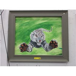 Paint on board of a white tiger