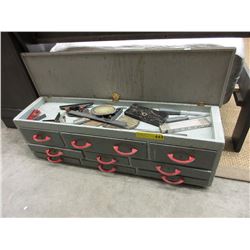 Vintage wood tool box & contents