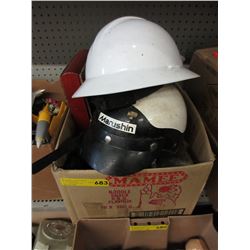 Box of used helmets & rock samples