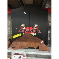 Carved salmon wall plaque & used dart board